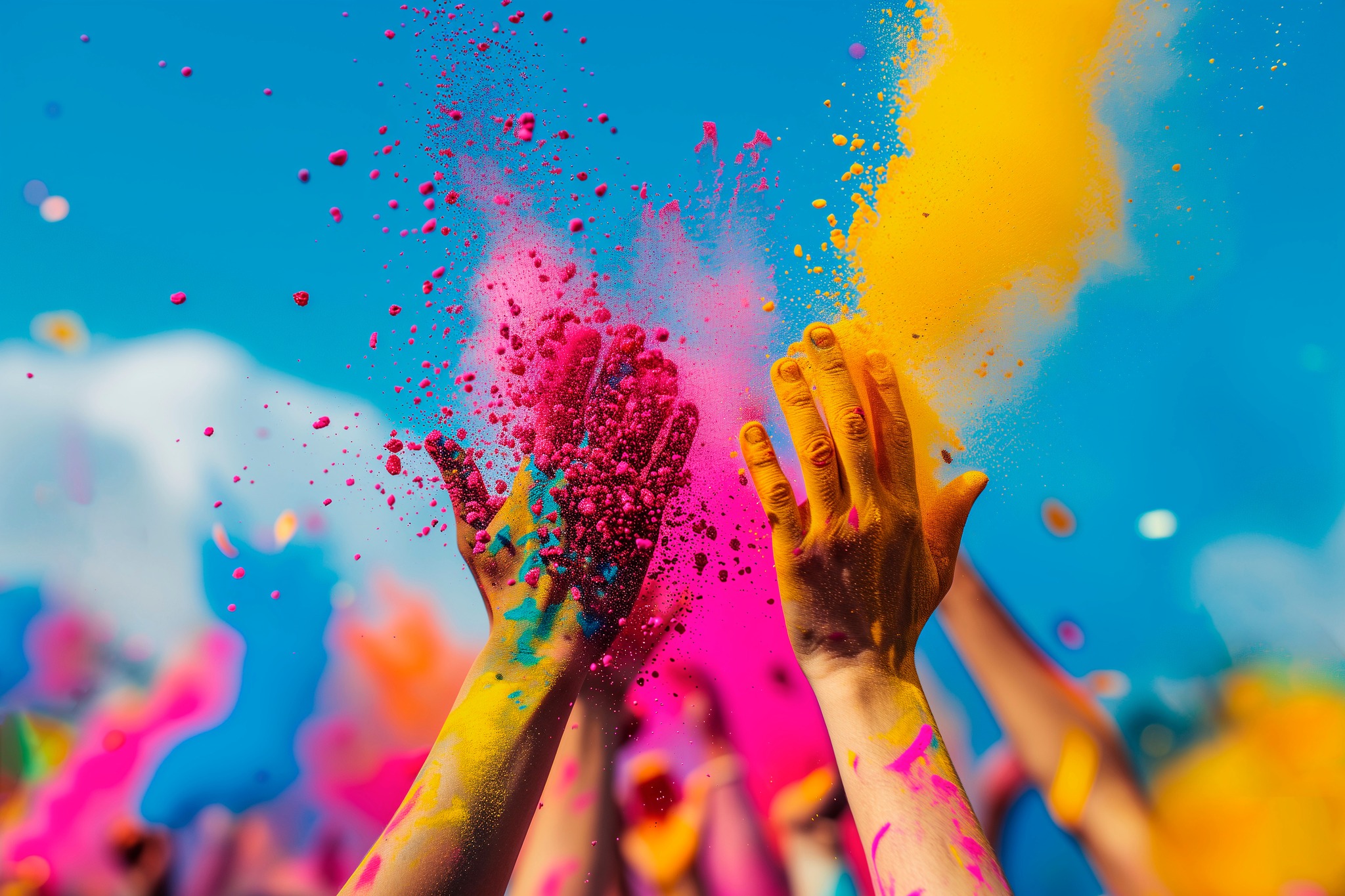 hands with holi powder for Hindu spring festival of colours